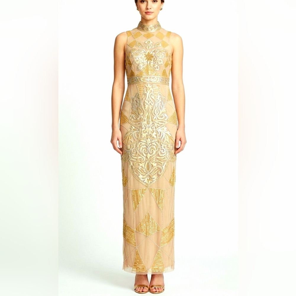 NEW Sue Wong Gold Art Deco Beaded Column Gown Size 4